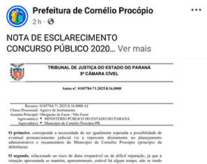 Prefeitura de Cornélio Procópio emite nota oficial sobre ‘ESCLARECIMENTO CONCURSO PÚBLICO 2020’